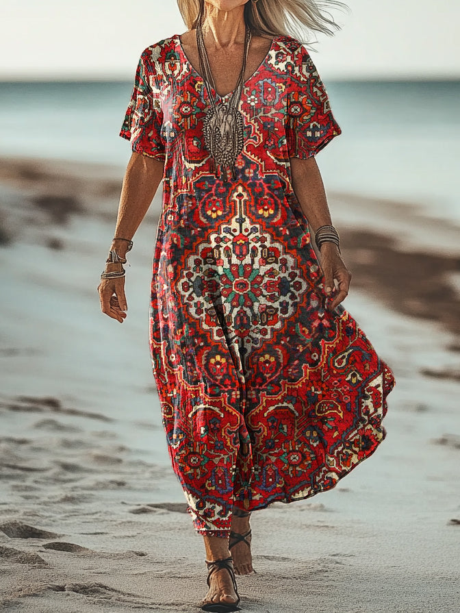 Women's Vintage Ethnic Floral Art Print Pocket Cotton Dress