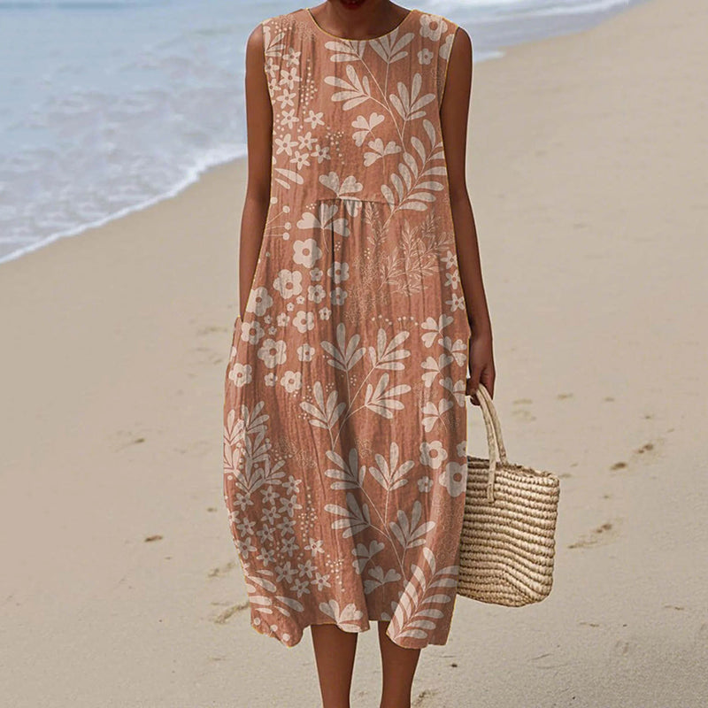 Women's Vintage Floral Art Print Sleeveless Cotton Dress artswardrobe