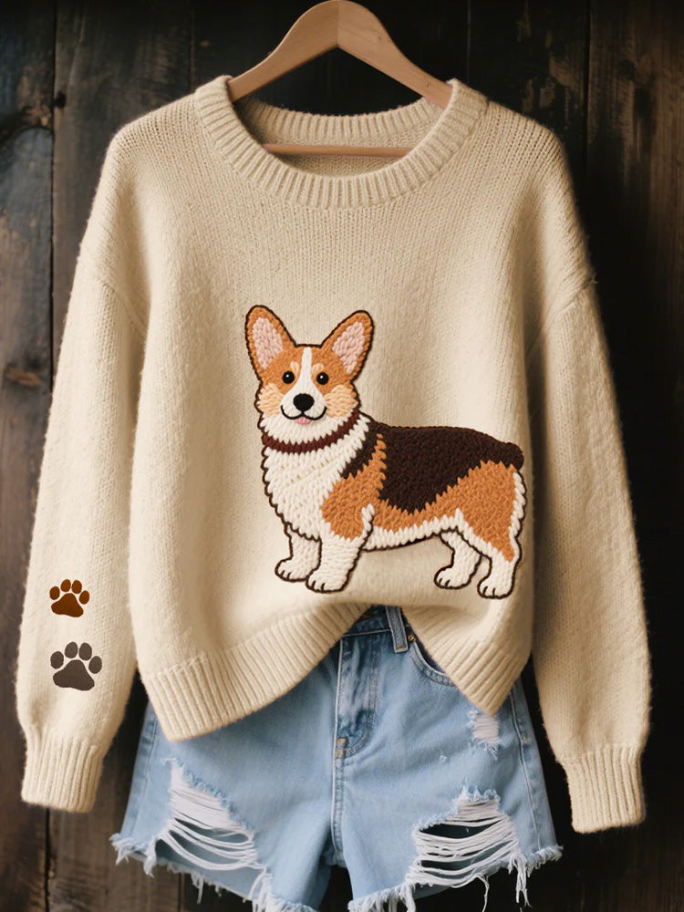 Women's Lovely Corgi Dog Felt Art Cozy Knit Sweater artswardrobe