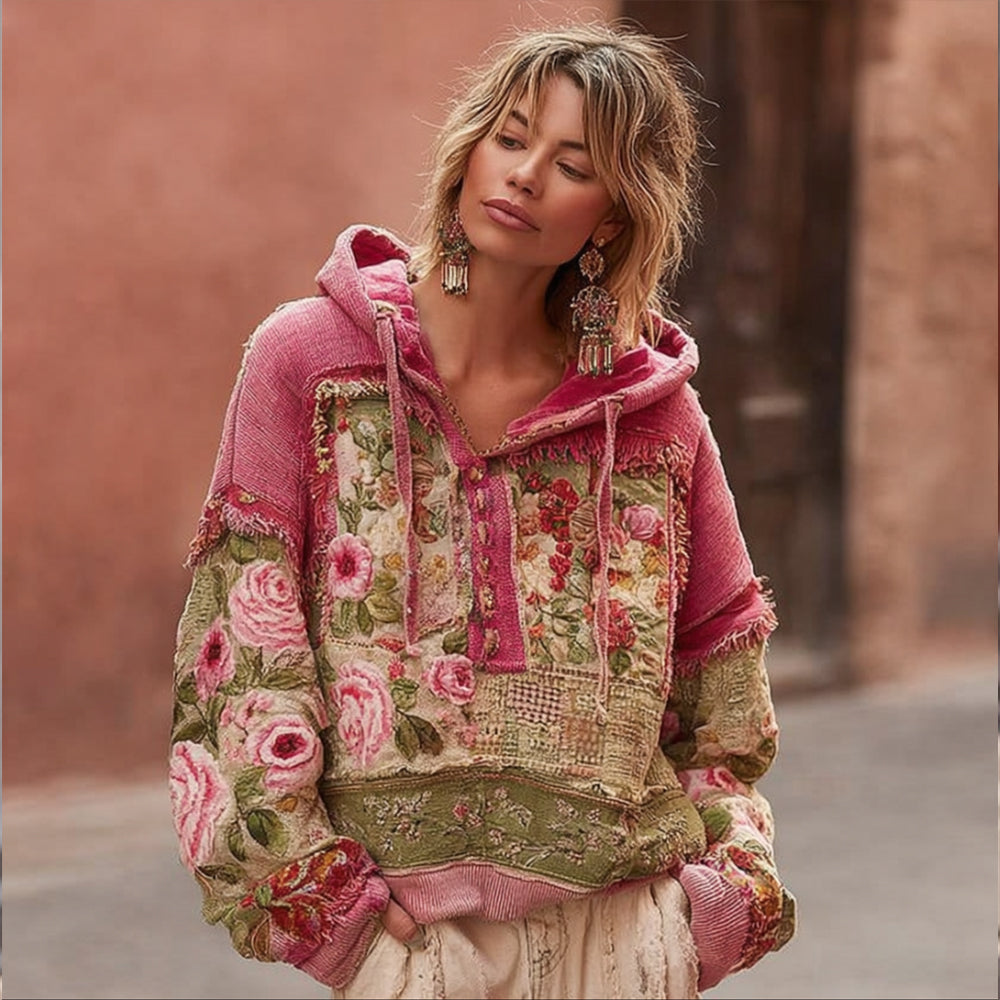 Comstylish Women's Patchwork Vintage Fabric Hoodie