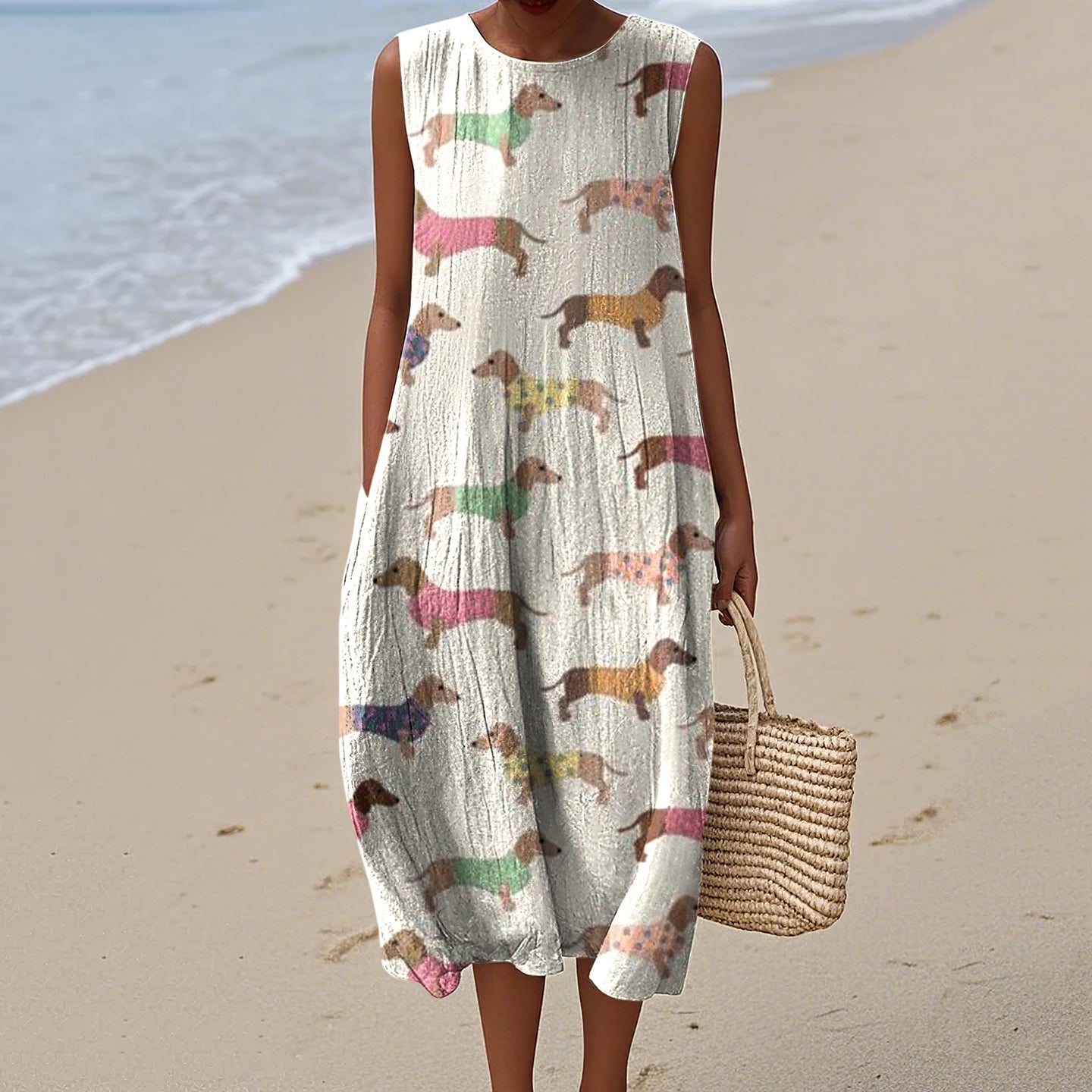 Women's Retro Cute Dachshund Art Print Sleeveless Dress artswardrobe