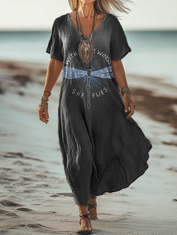 Women's Vintage Dragonfly Art Print Pocket Cotton Dress