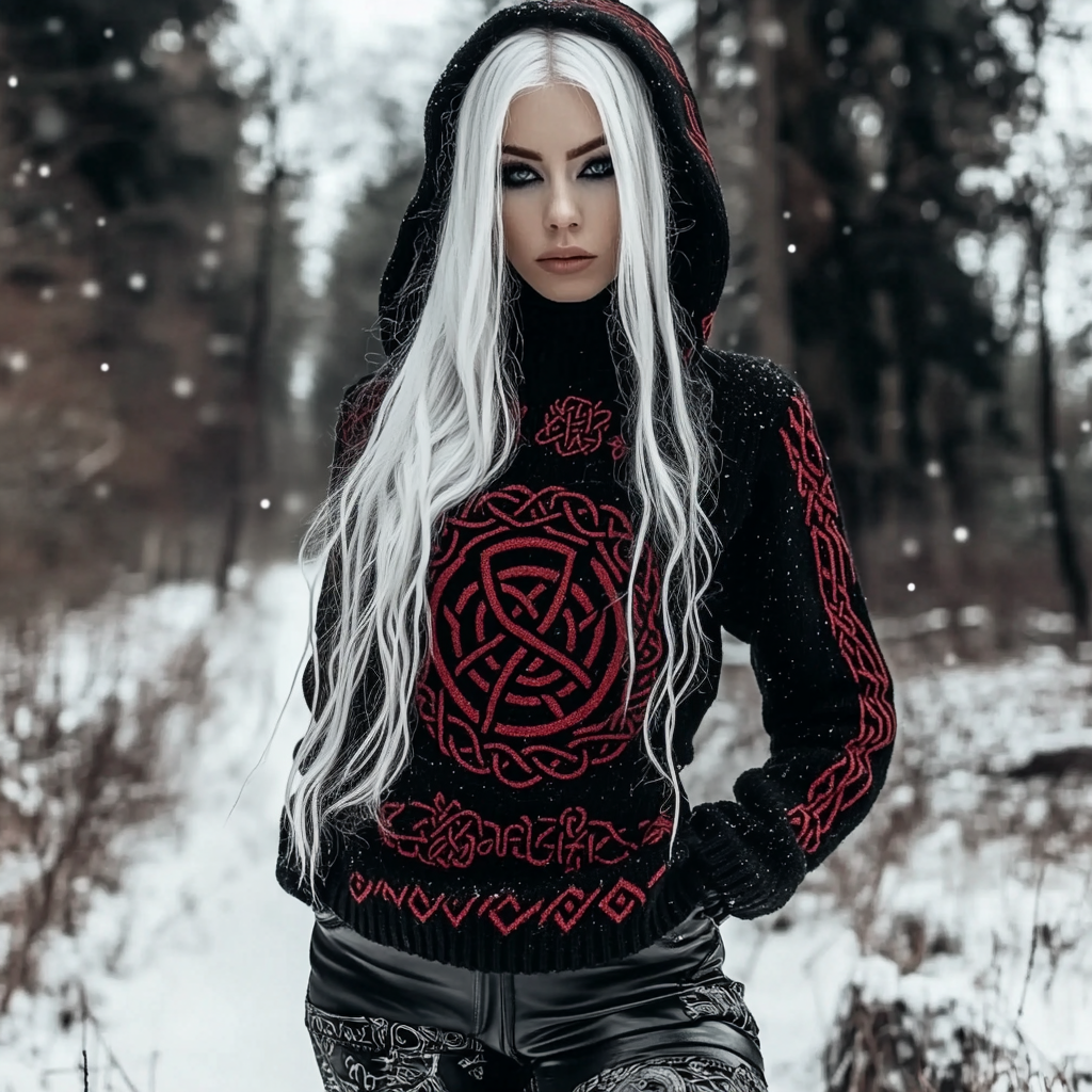 Women's Viking Celtic Knot Jacquard Knit Hooded Sweater artswardrobe