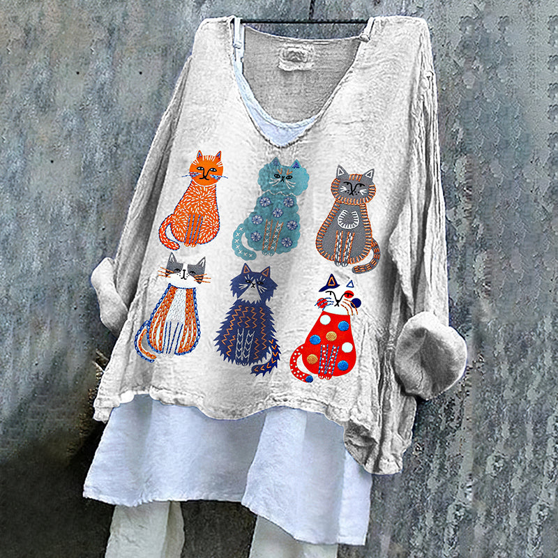 Comstylish Women's Colorful Cat Art Cotton And Linen V-neck Shirt