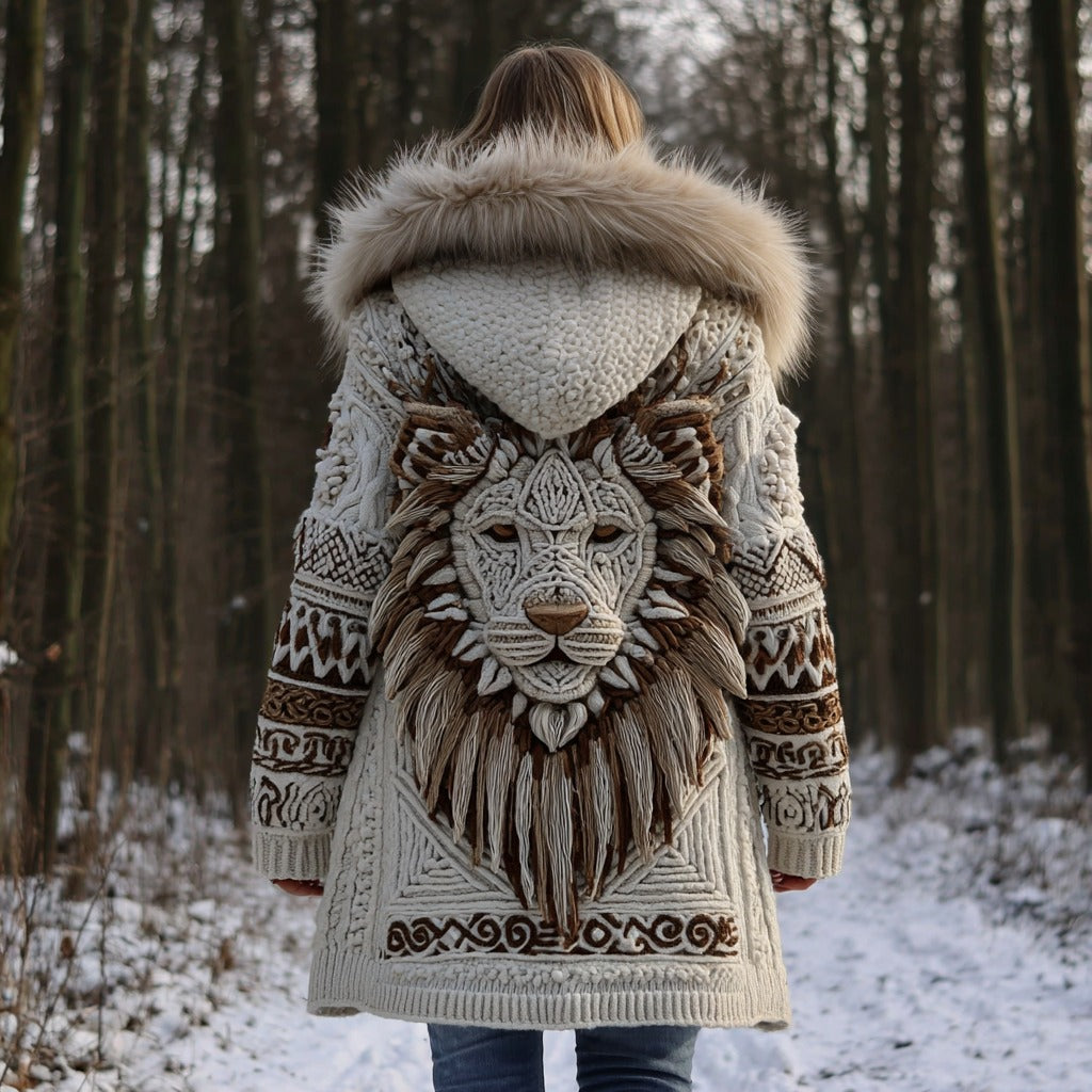 Women's Tribal Celtic Festival Lion Knit Jacquard Fur Collar Zipper Sweater artswardrobe