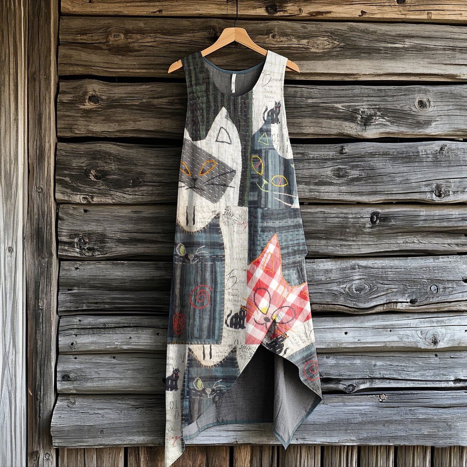 Comstylish Women's Vintage Cat Patchwork Art Irregular Dress