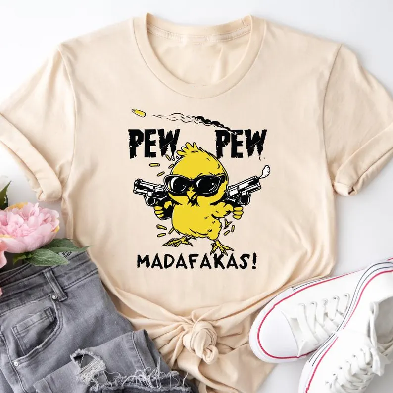 Comstylish Pew Pew Madafakas Print Crew Neck Short Sleeve T-shirt