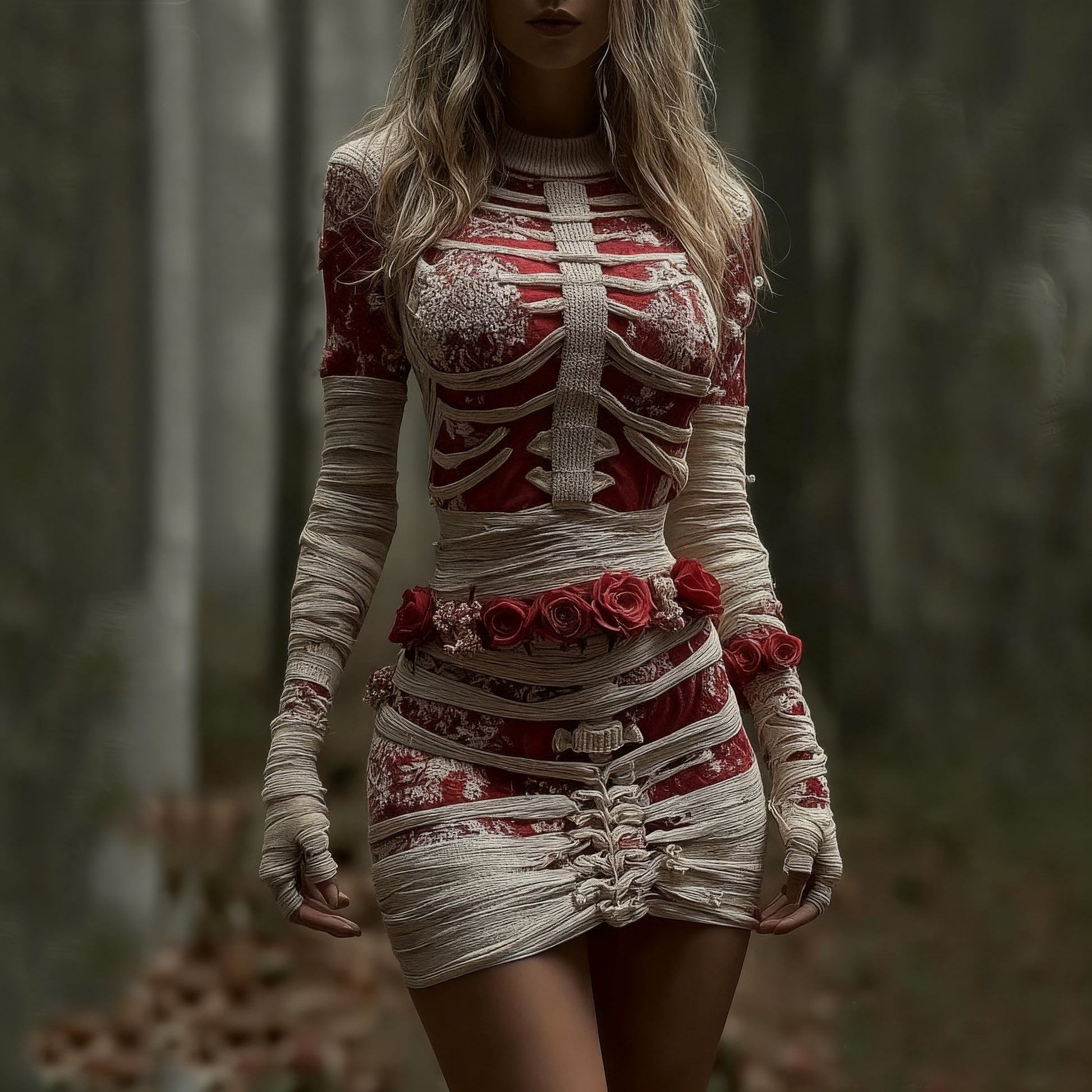 Comstylish Women's Vintage Red Rose Skeleton Art Knit Mini Sweater Dress