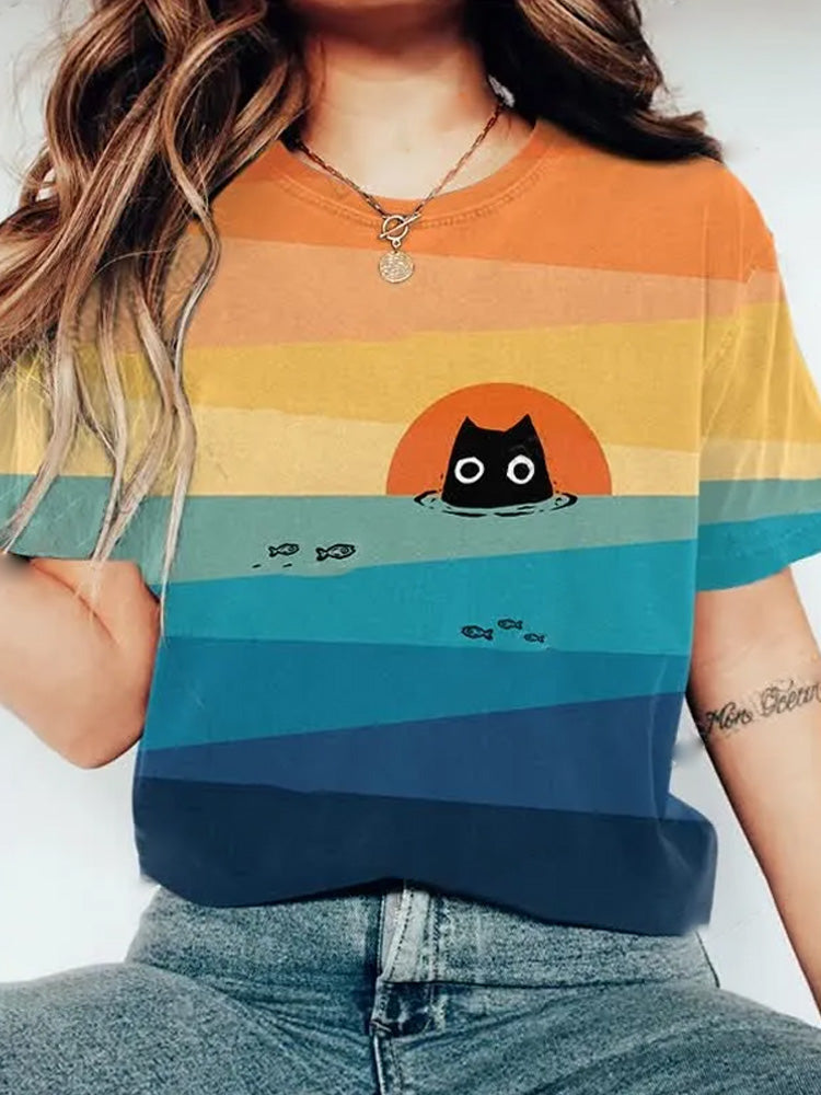 Comstylish Rainbow Sun & Black Cat In The Sea Art Print Casaul T-shirt