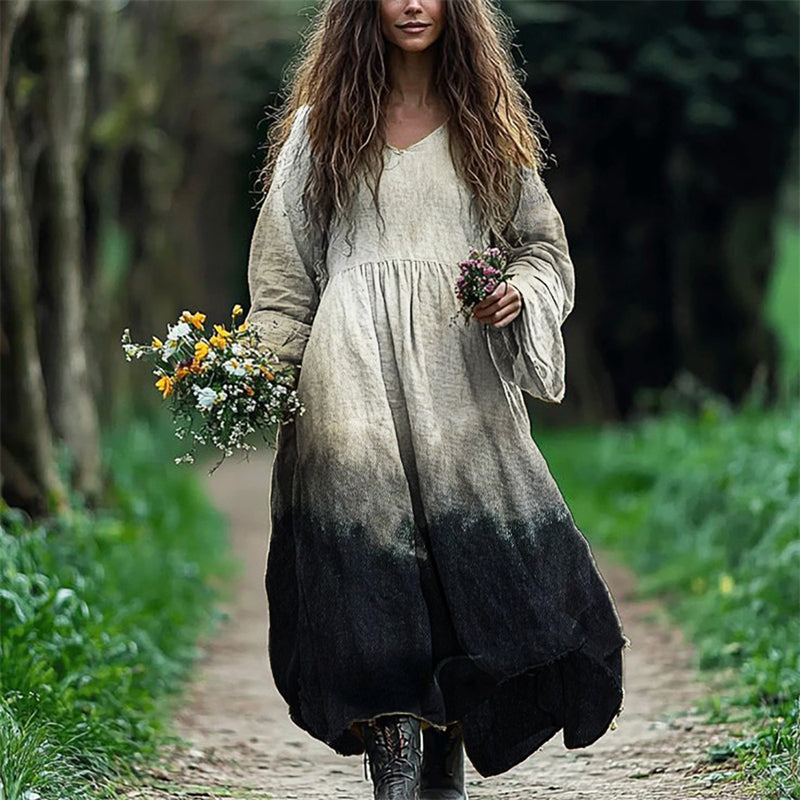 Classy Contrast Dyed Flowy Linen Maxi Dress artswardrobe