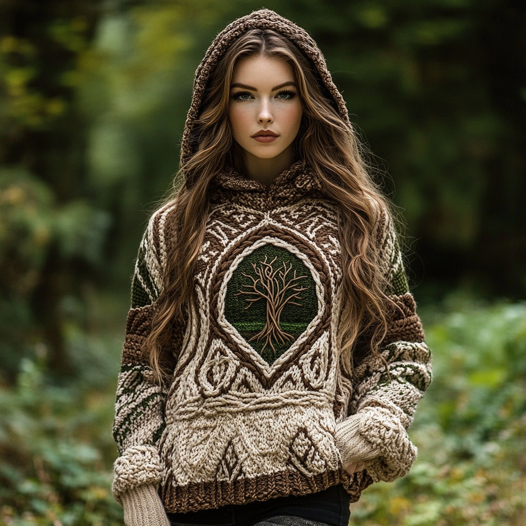 Women's Viking Style Tree Of Life Cozy Chunky Hooded Sweater artswardrobe