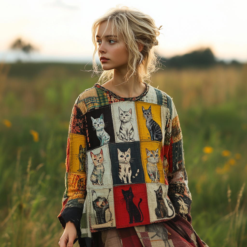 Women's Pop Art Cat Contrast Long Sleeves T-shirt elevenforest