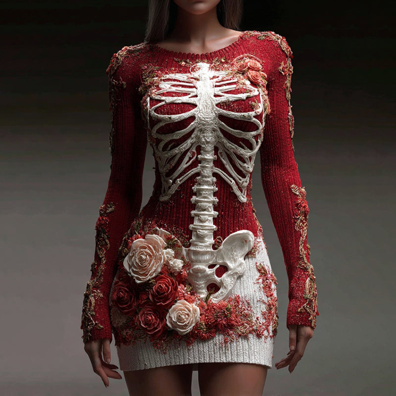 Vintage Skeleton Roses Art Crew Neck Sweater Dress artswardrobe