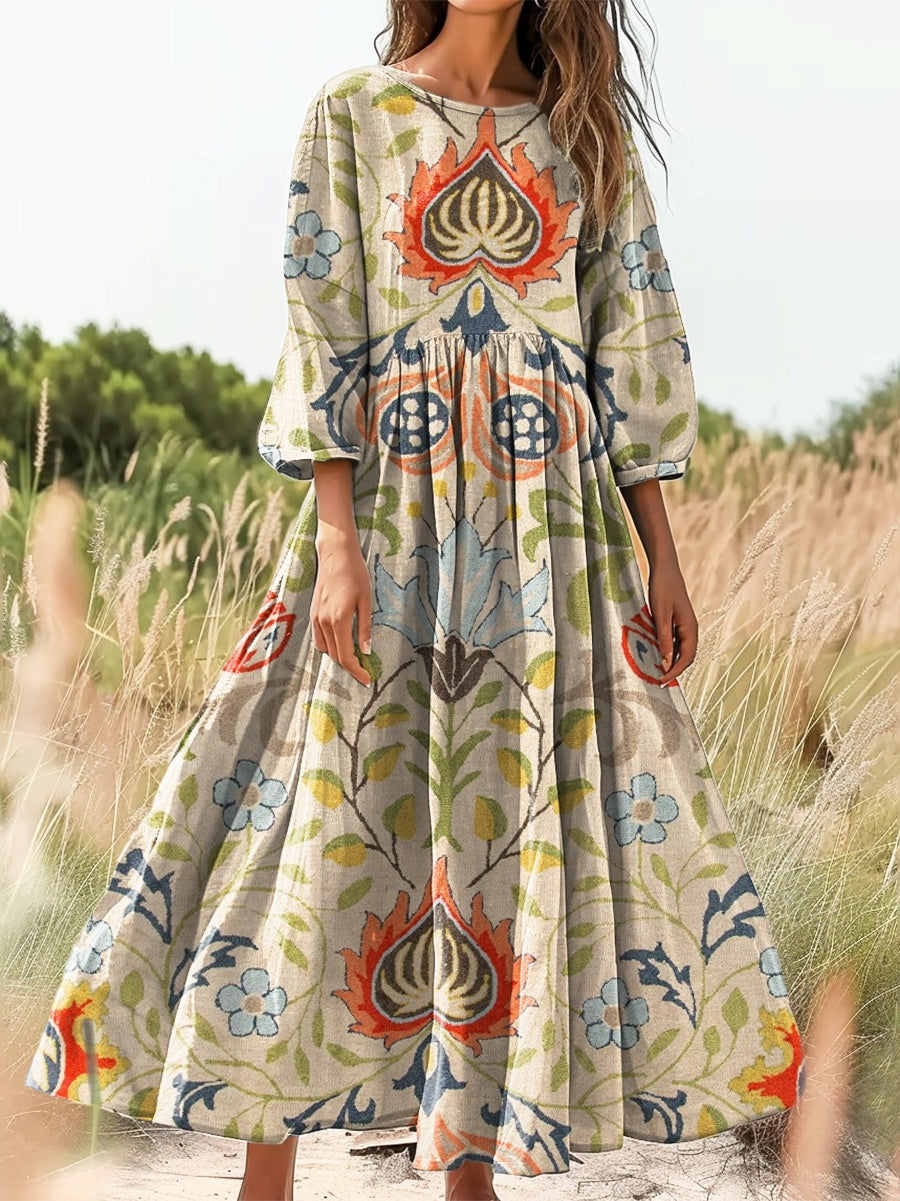 Women's Retro Folk Totem Floral Art Print Flowy Cotton Crew Neck Dress