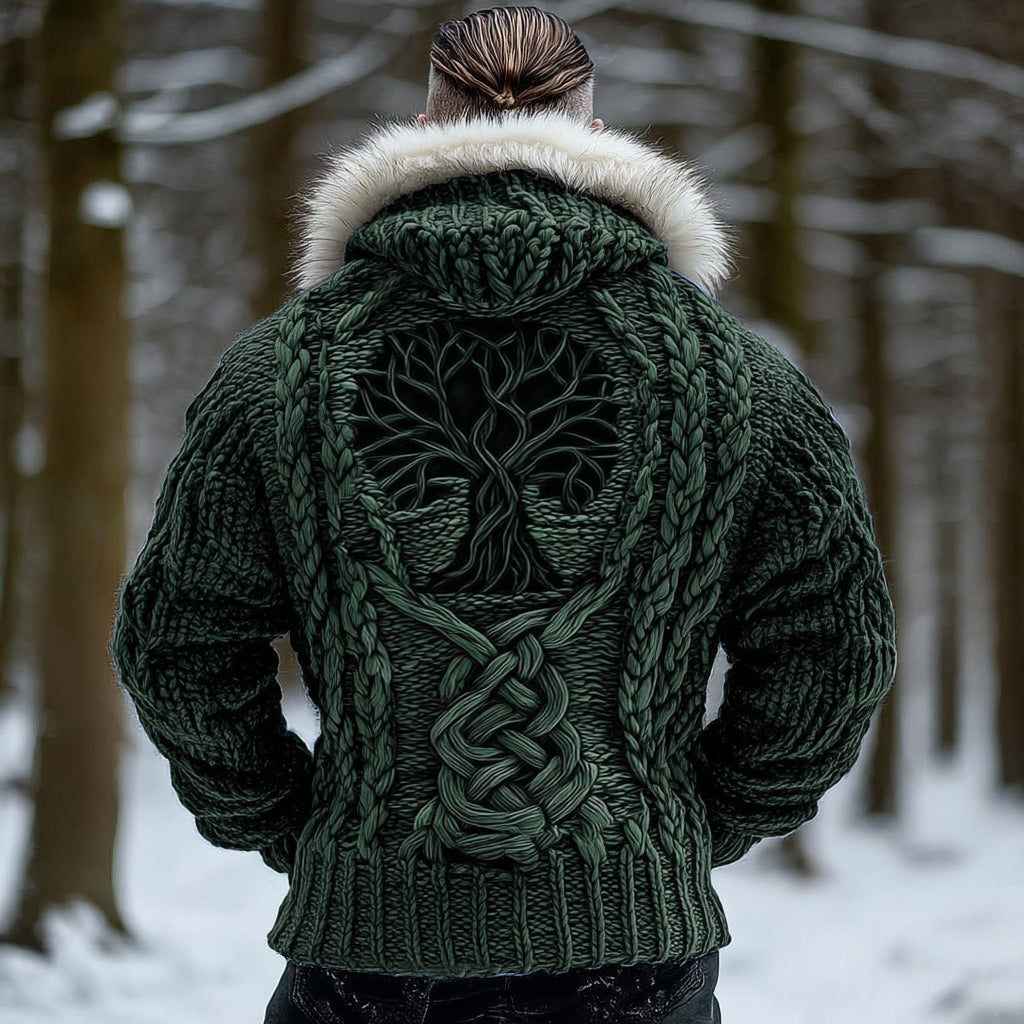 Men's Viking Tribal Tree Of Life Celtic Chunky Knit Fuzzy Hooded Zipper Cardigan artswardrobe