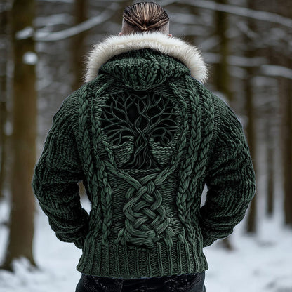 Men's Viking Tribal Tree Of Life Celtic Chunky Knit Fuzzy Hooded Zipper Cardigan artswardrobe