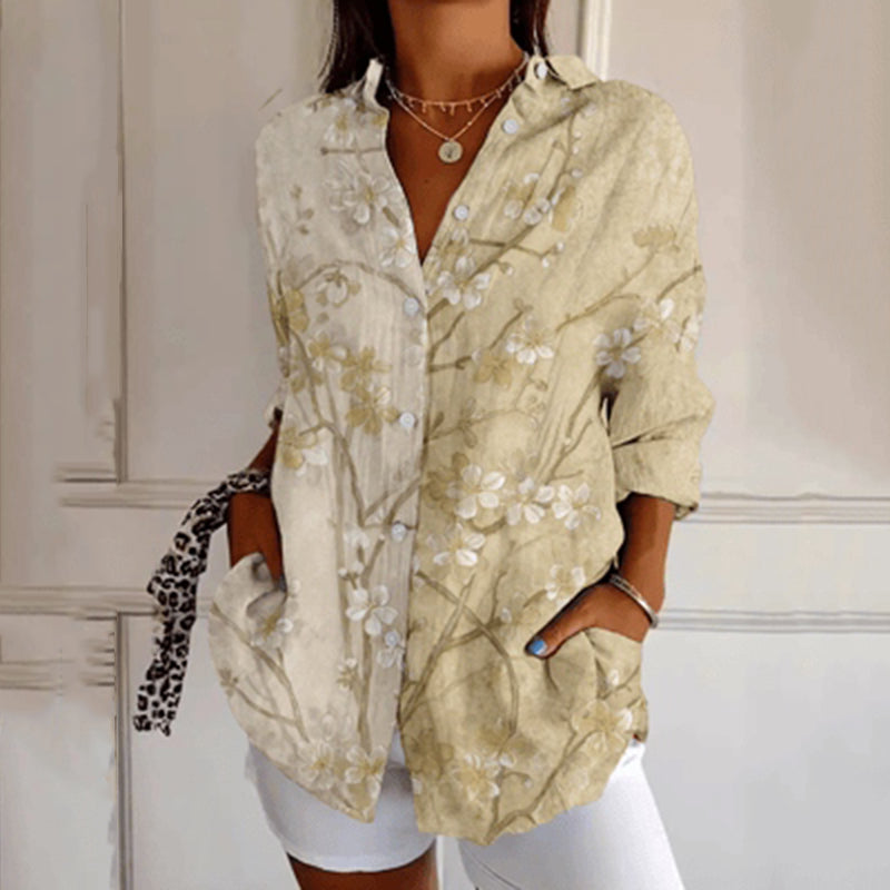 Women's Vintage Floral Contrast Art Print Casual Linen Shirt artswardrobe
