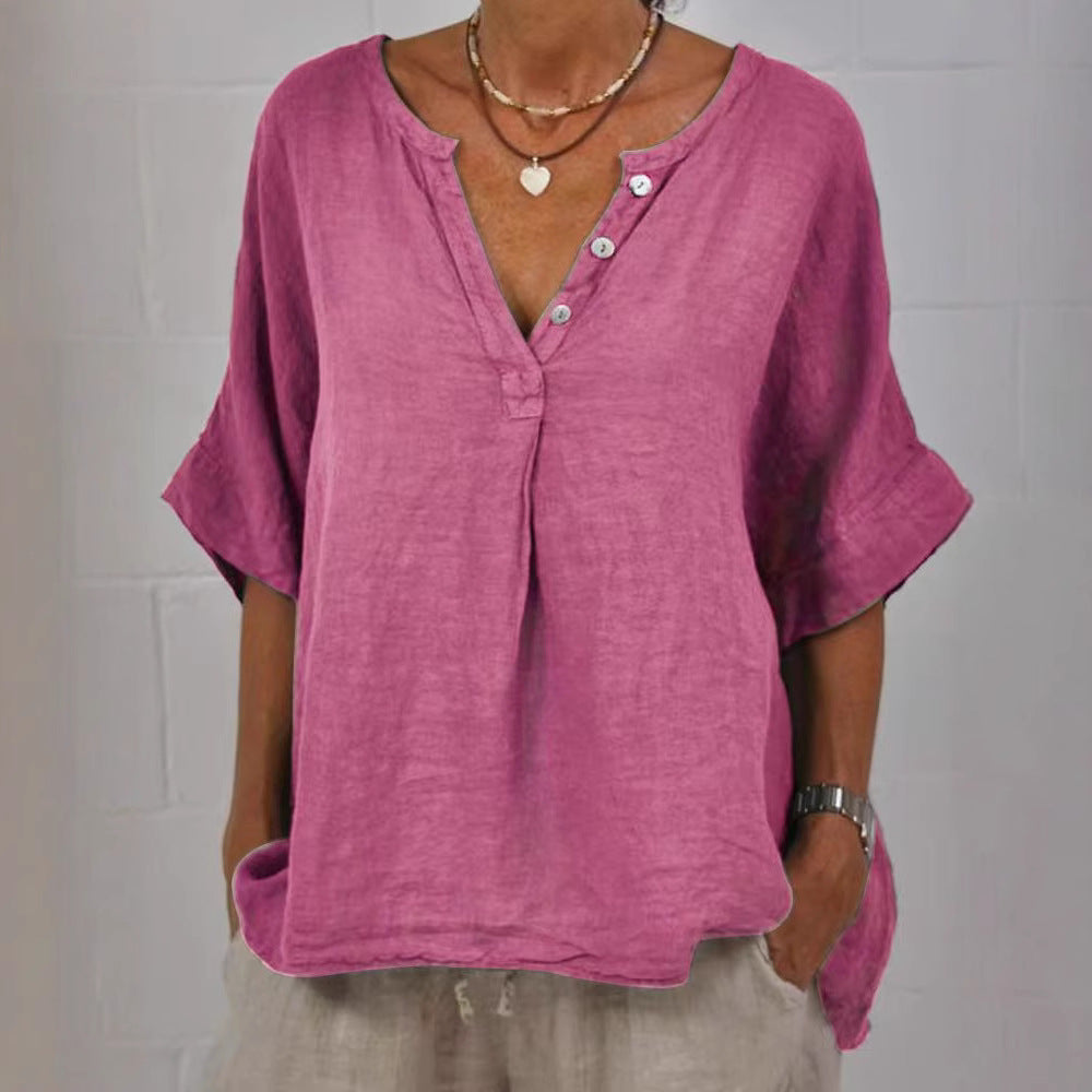 Women's Solid Color Button Linen V-neck Shirt artswardrobe
