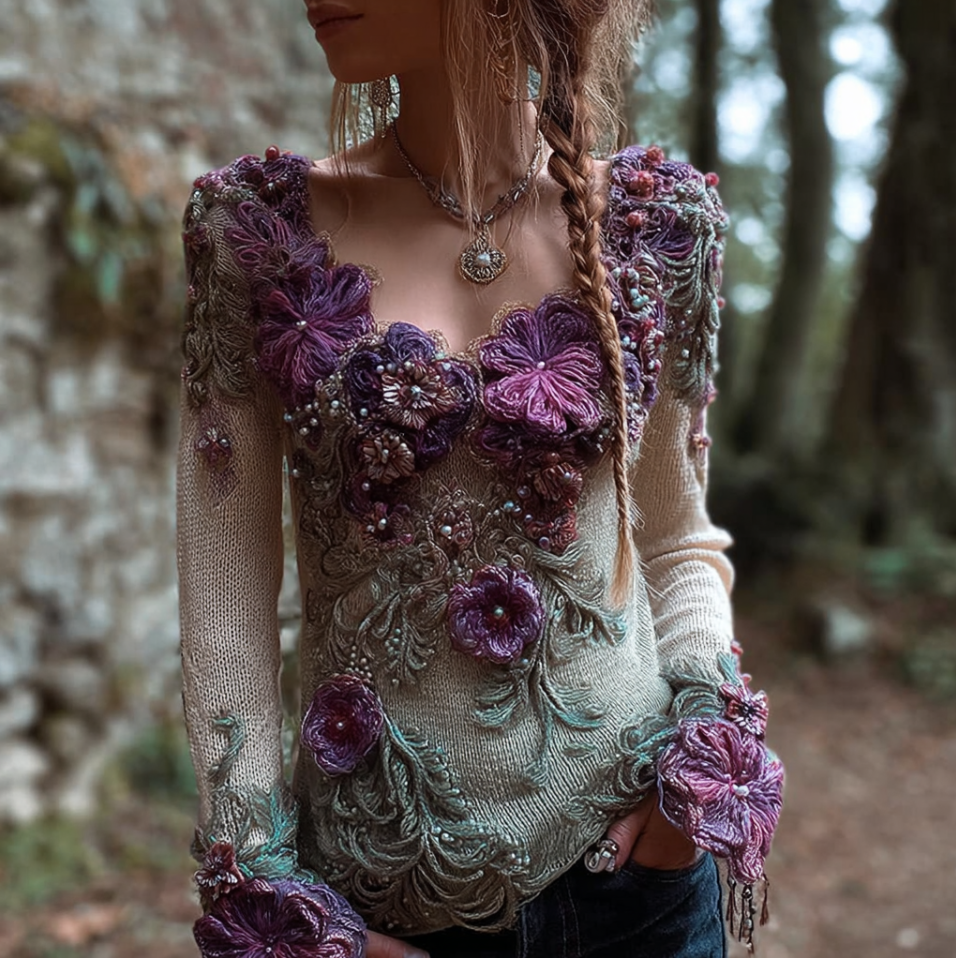 Bohemian Style Round Neck Long Sleeve 3d Purple Flower Design Women's Sweater artswardrobe