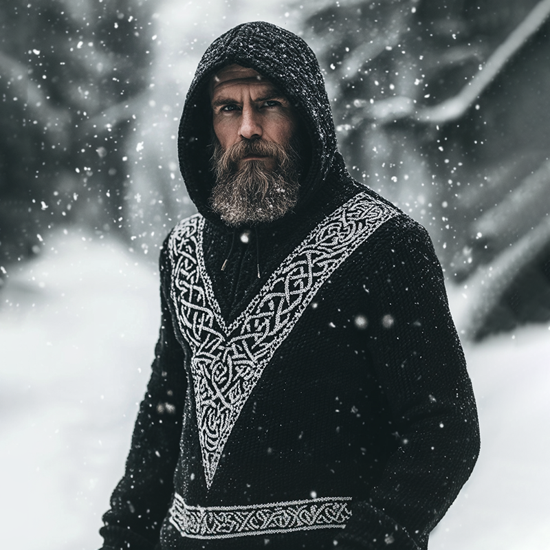 Men's Viking Tribal Celtic Contrast Patchwork Chunky Hooded Sweater artswardrobe