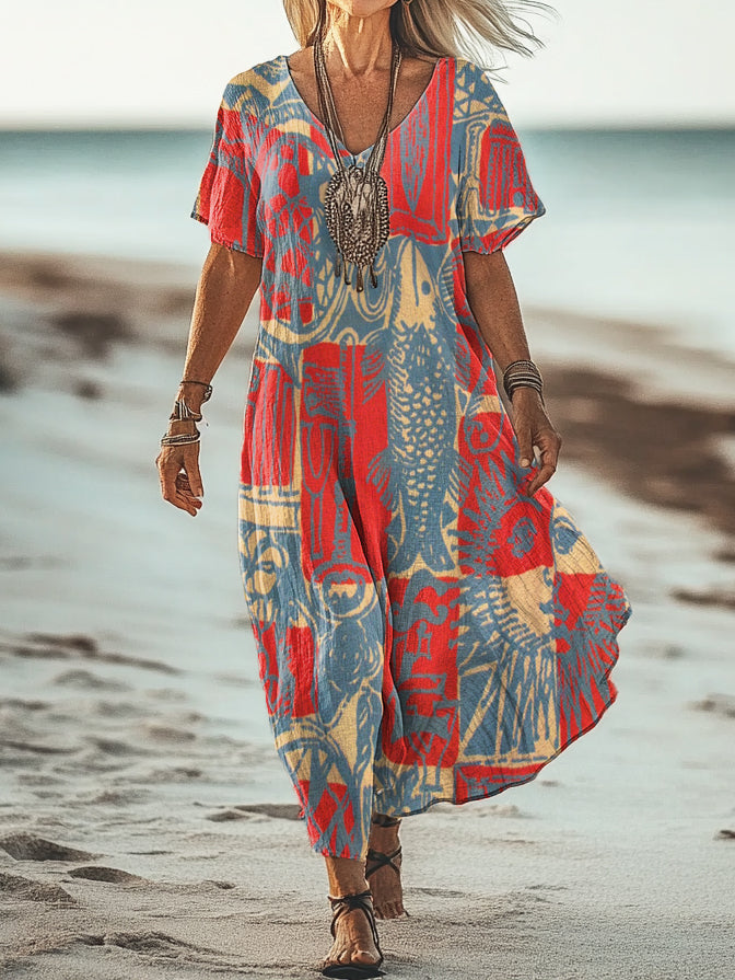 Women's Bohemian Ethnic Collage Art Print V Neck Short Sleeve Cotton P