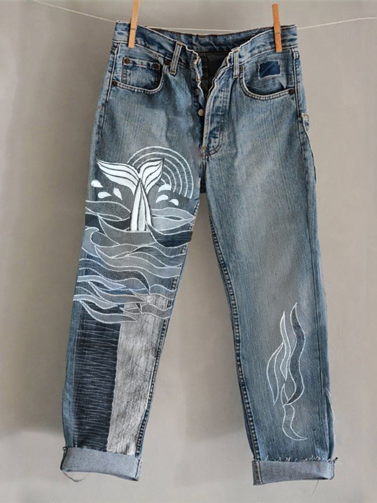 Comstylish Whale Geometric Patchwork Embroidery Washed Jeans