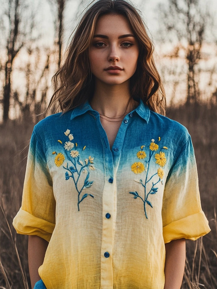 Womens Floral Embroidered Contrast Linen Blend Shirt artswardrobe