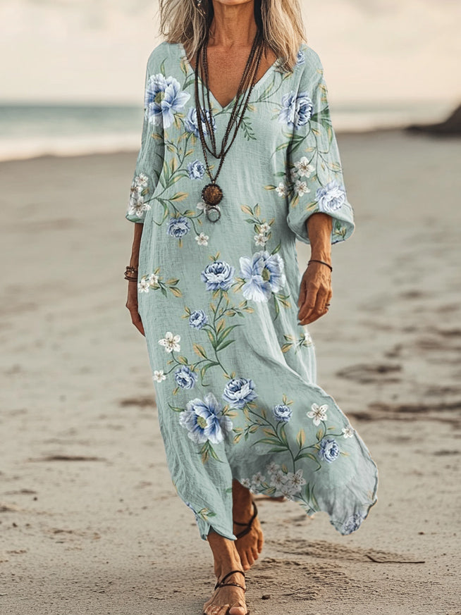 Women's Floral Art Print Pocket Cotton Dresses