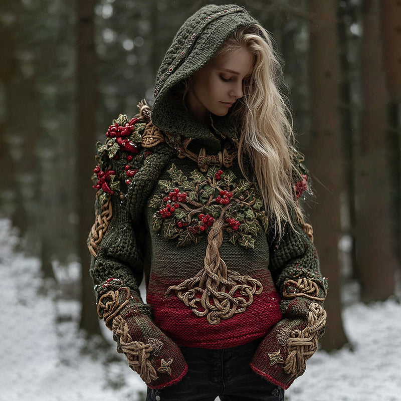 Comstylish Women's Celtic Tree Of Life Christmas Tree Knit Hooded Sweater