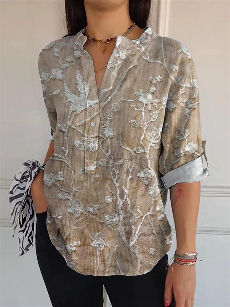 Comstylish Japanese Retro Flower Bird Embroidery Women's Linen V-neck Shirt