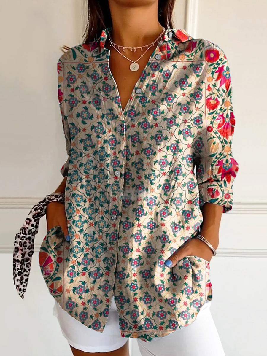 Women's Vintage Ethnic Floral Art Print Casual Cotton Shirt