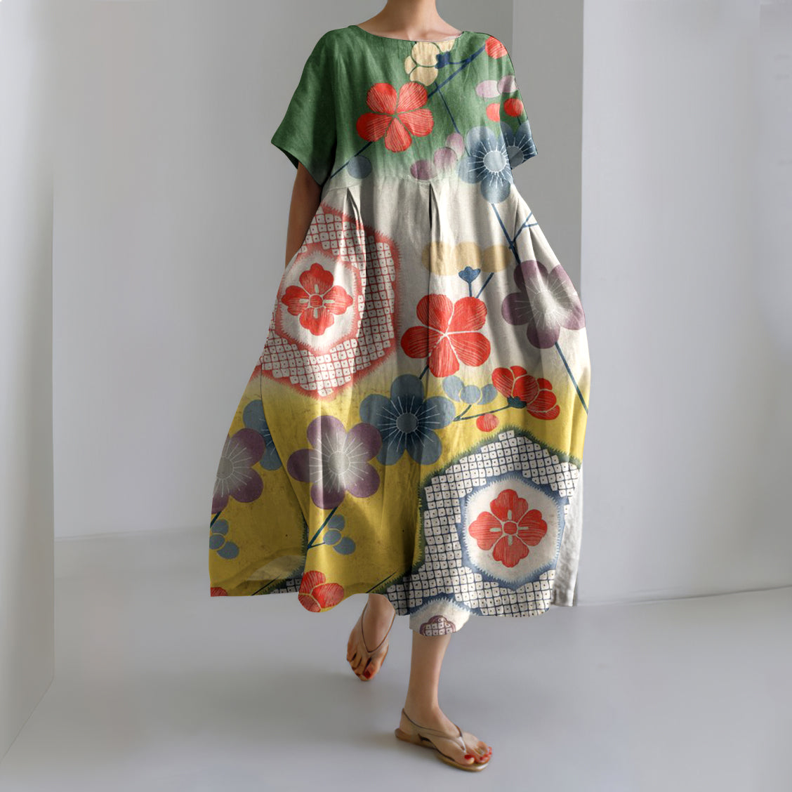 Comstylish Japanese Art Cherry Blossom Print Casual Midi Dress