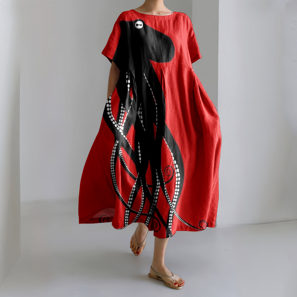 Comstylish Vintage Japanese Art Octopus Print Casual Midi Dress