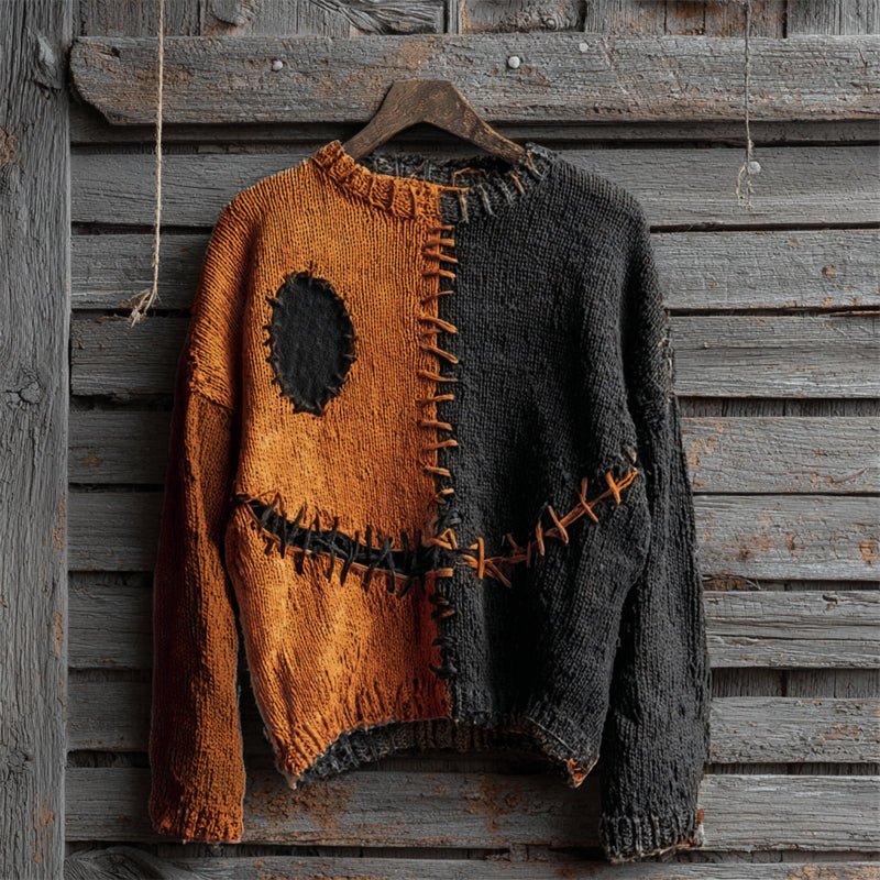 Halloween Spooky Face Contrast Stitched Cozy Knit Sweater artswardrobe