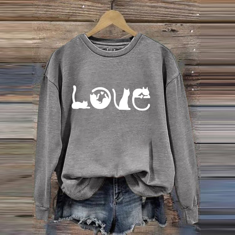 Cat Love Printed Round Neck Casual Sweatshirt elevenforest