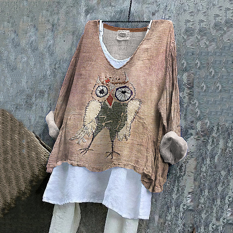 Women's Vintage Funny Owl Embroidered Cotton And Linen Shirt artswardrobe