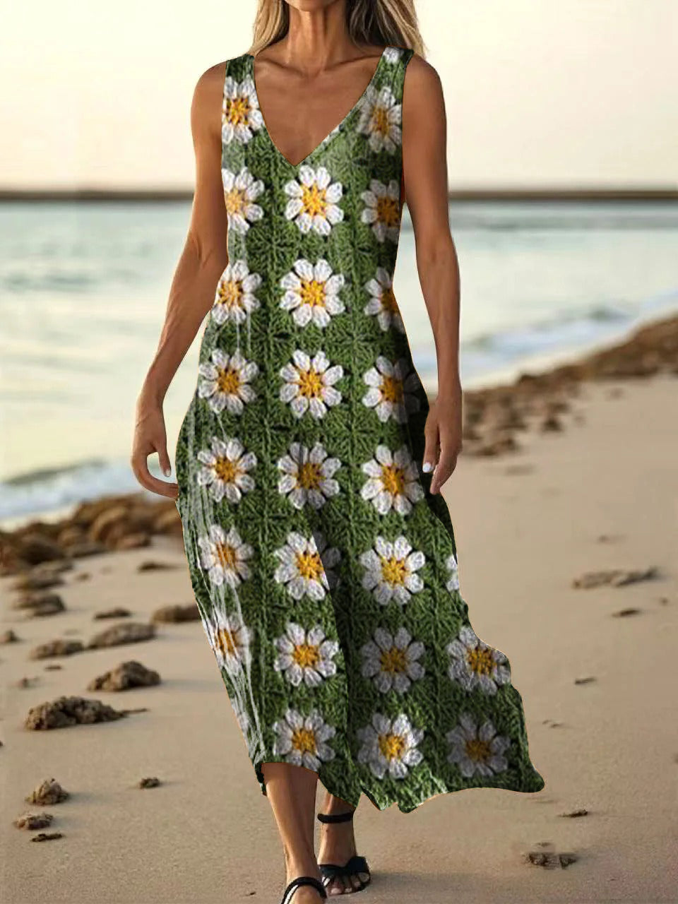 Women's Bohemian Floral Art Print Pocket Cotton Dress