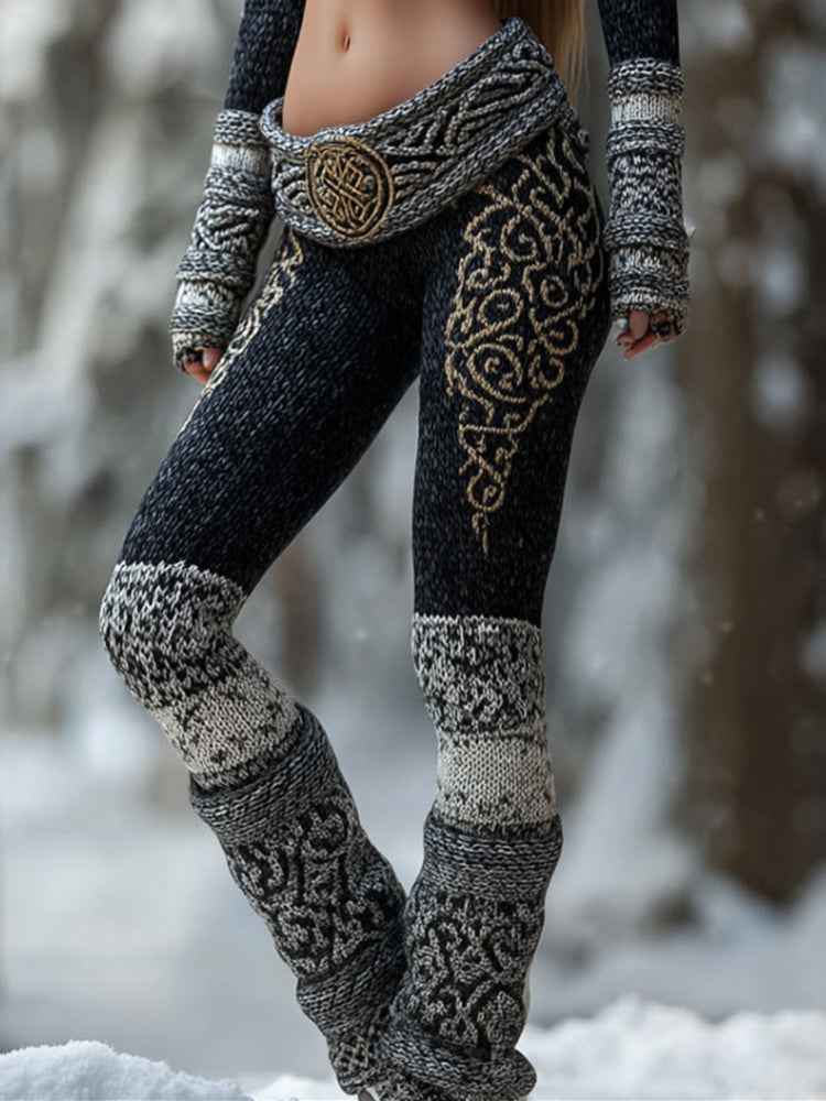 Comstylish Viking Style Celtic Knot Flat Embroidered Leggings