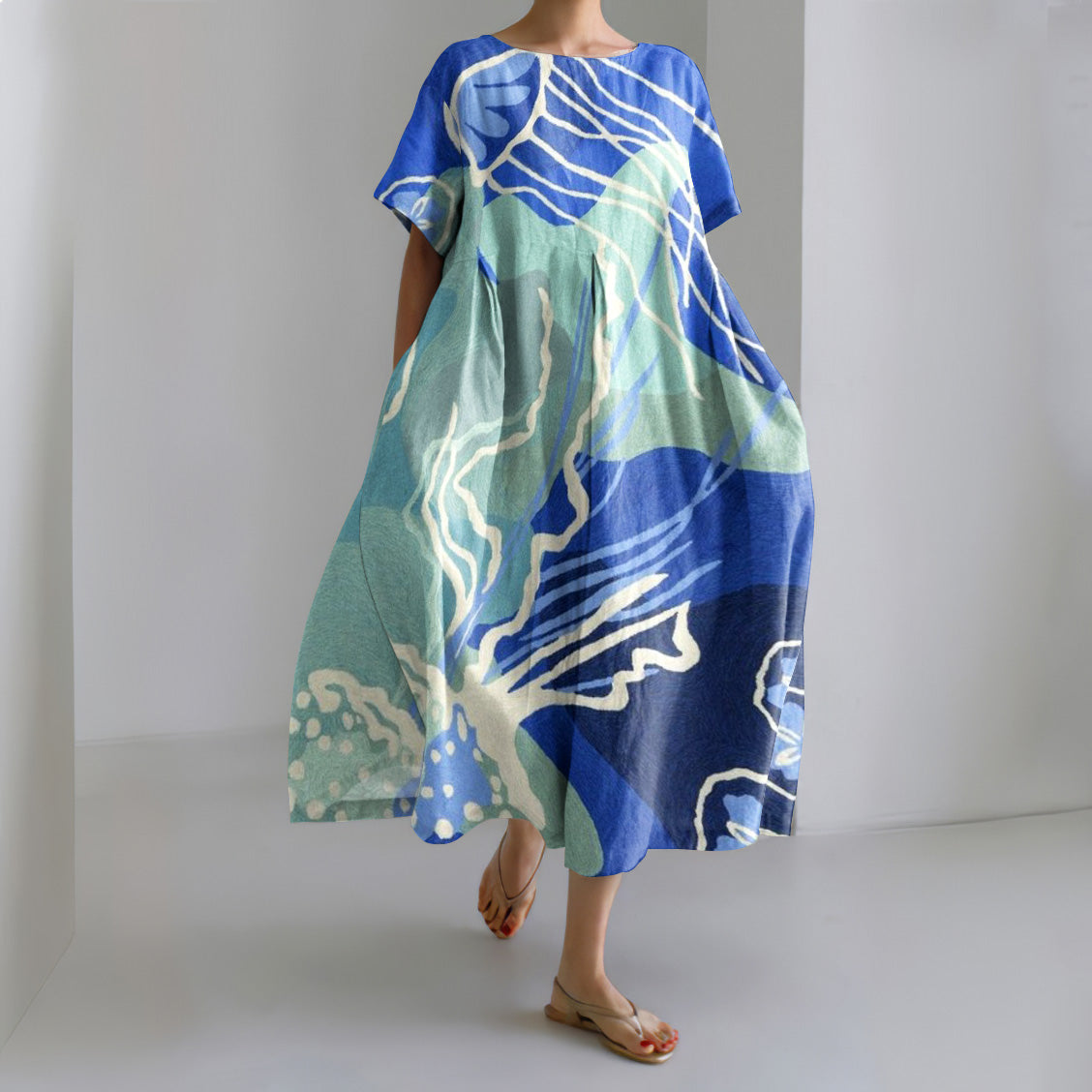 Comstylish Marine Animal Print Short Sleeve Loose Midi Dress