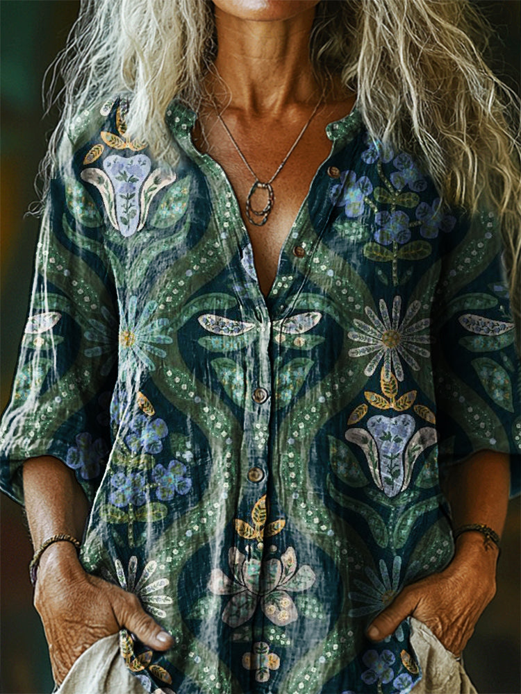 Women's Floral Dragonfly Art Print Casual Cotton Linen Shirt