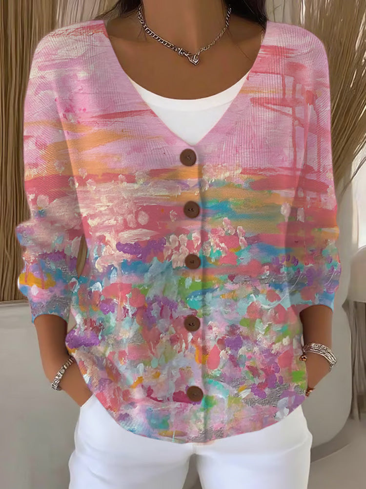 Women's Casual Pink Oil Painting Cardigan artswardrobe