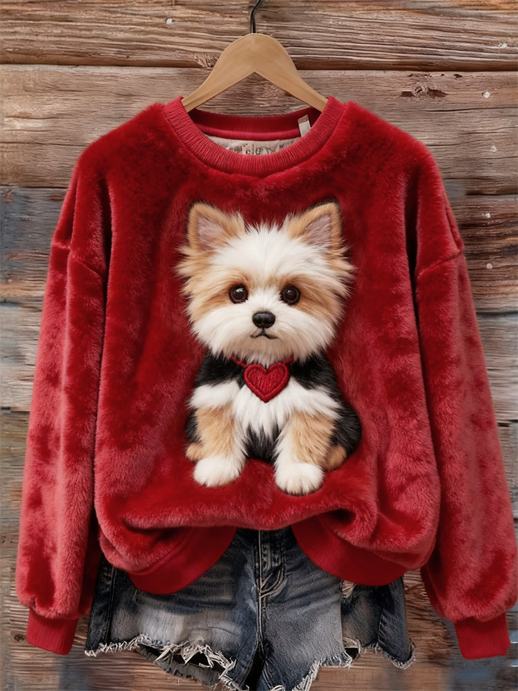 Comstylish Lovely Fuzzy Dog & Heart Cozy Plush Sweatshirt