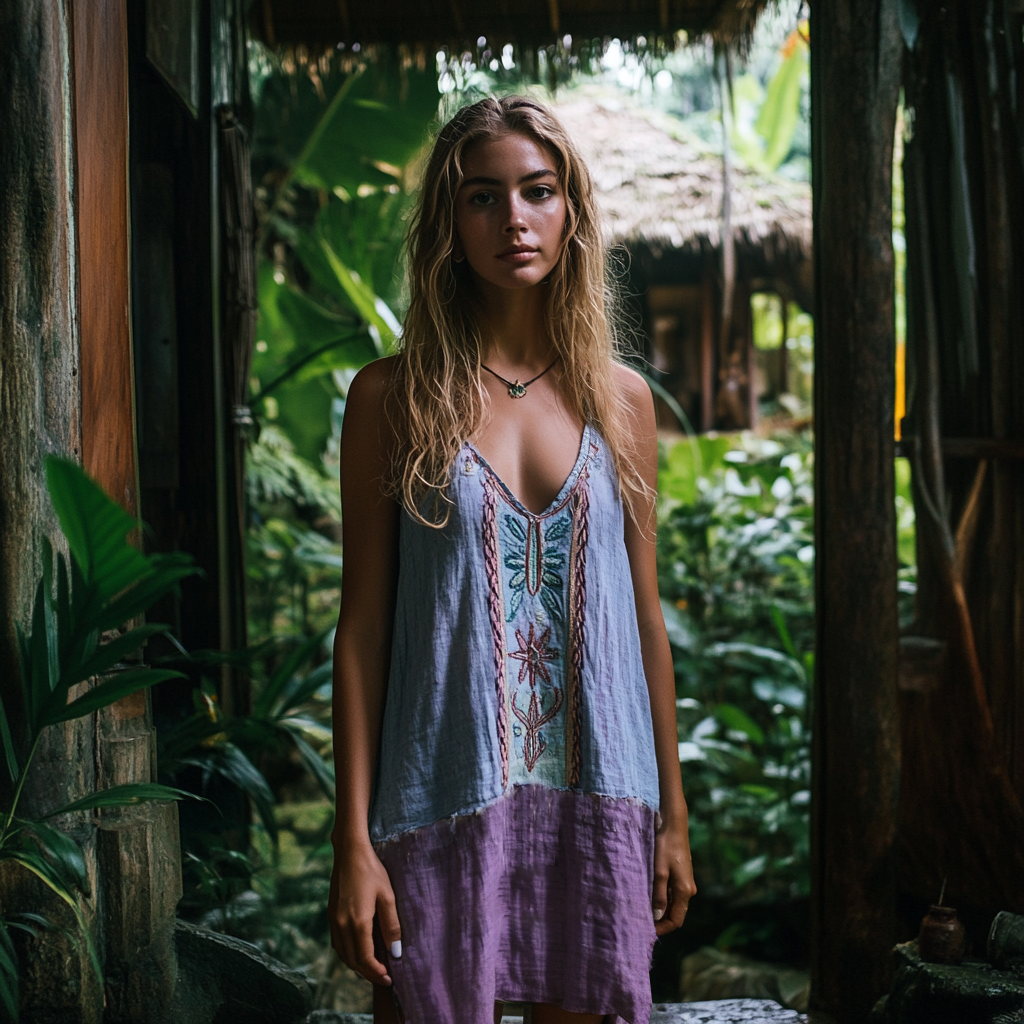 Comstylish Retro Boho Tribal Art Embroidery Print Cotton And Linen V-neck Sleeveless Midi Dress