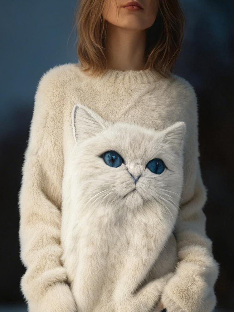 Comstylish Cute Fuzzy Cat Art Round Neck Cozy Plush Sweatshirt