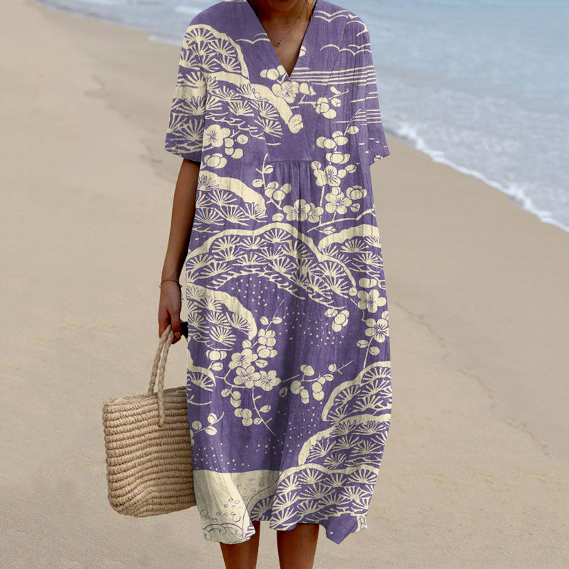 Comstylish Japanese Art Plum Blossom Printed V Neck Casual Midi Dress