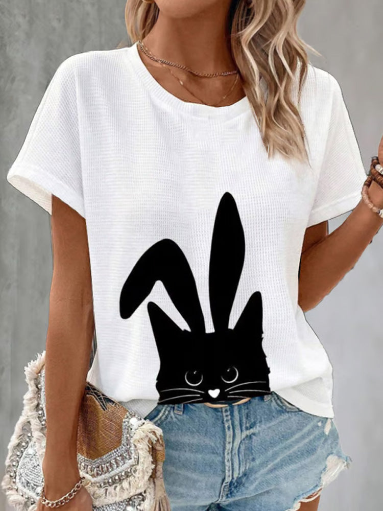 Comstylish Women's Easter Cute Cat Waffle T-shirt