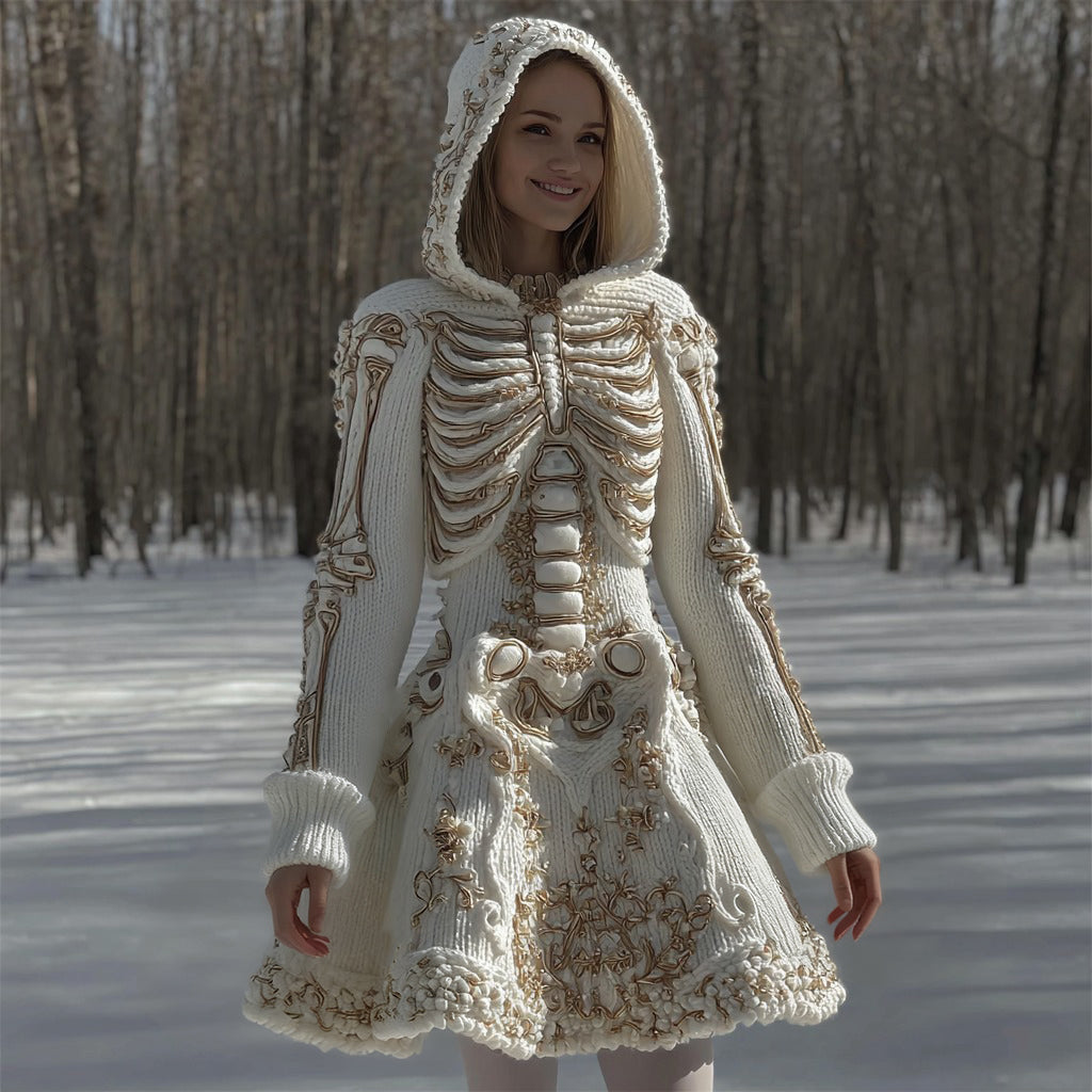 Comstylish Women's Halloween Skeleton Anatomy Art Knitted Hooded Flared Dress