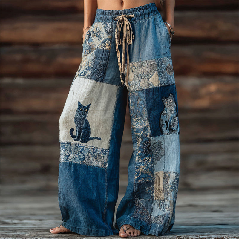 Comstylish Boho Cats Floral Fiber Art Patchwork Flowy Wide Leg Pants