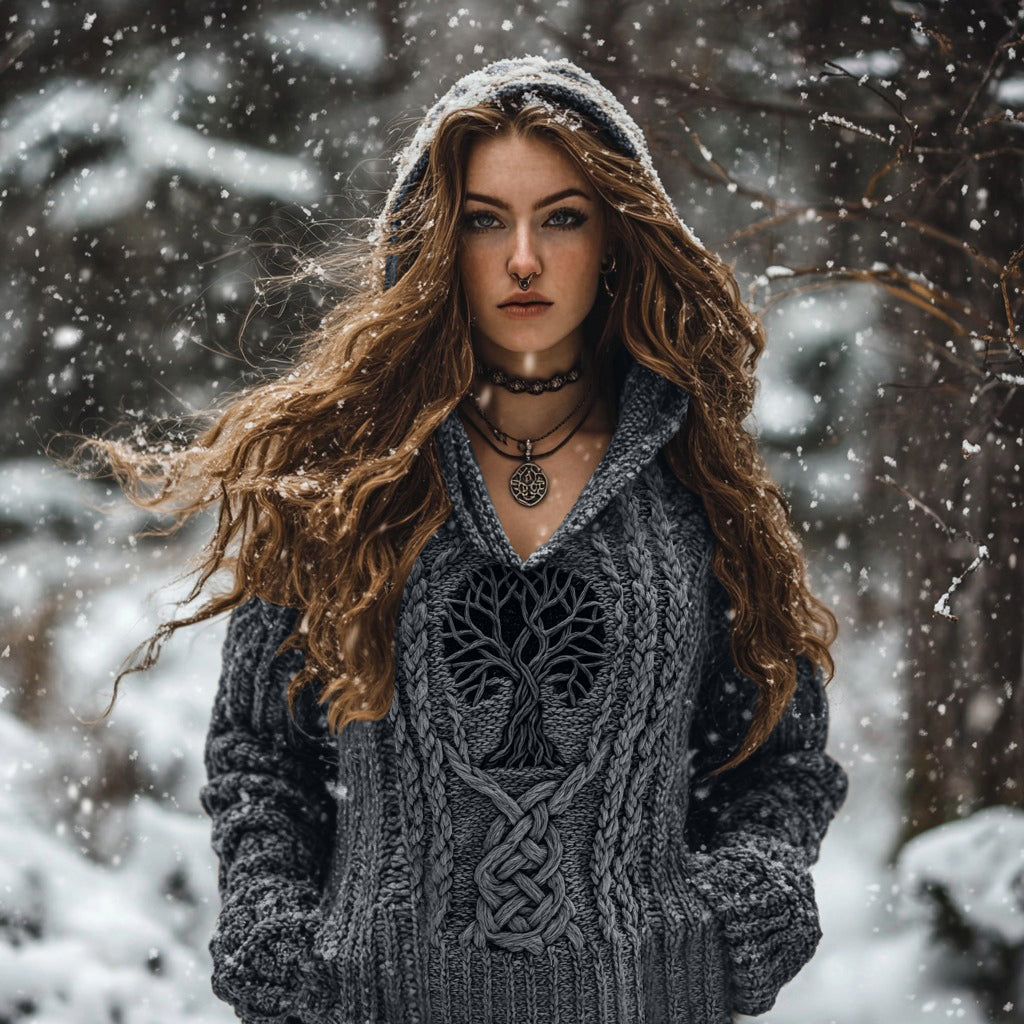 Women's Viking Tribal Runes Life Of Tree Chunky Knit Hooded Sweater artswardrobe