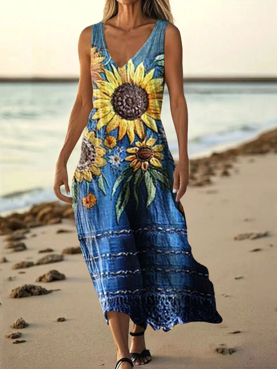 Women's Bohemian Floral Art Print Pocket Cotton Dress